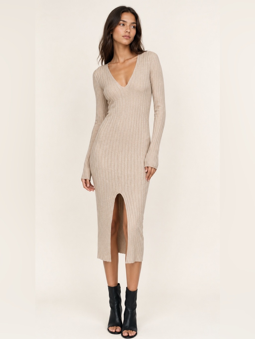 Zara Oatmeal Ribbed Deep V-Neck Long Sleeve Midi Dress w Front Slit / TAG is MED